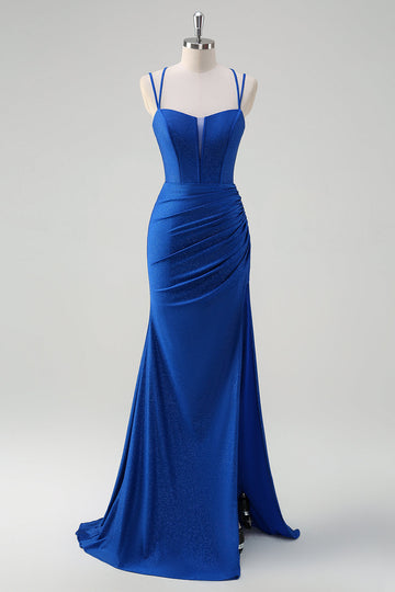 Royal Blue Mermaid Spaghetti Straps Corsetto Abito da cerimonia lungo con fessura